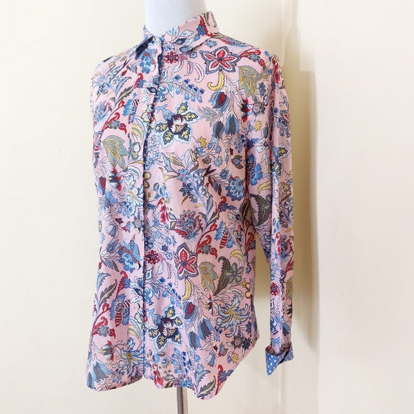 Tabots Petite Pink Colorful Paisley Floral Print Button Down Polka Dot Shirt - Picture 2 of 15